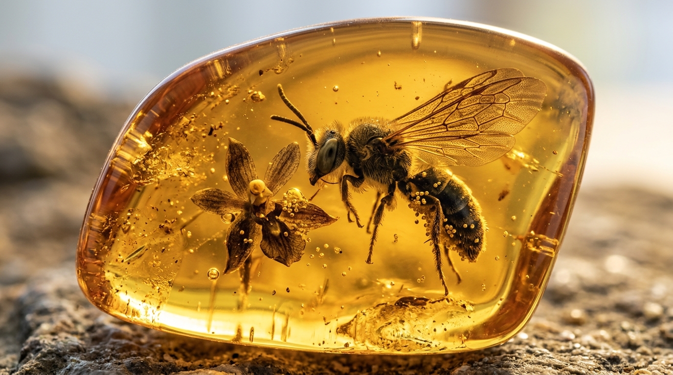 Ancient wasp and early flower preserved inside Cretaceous amber fossil