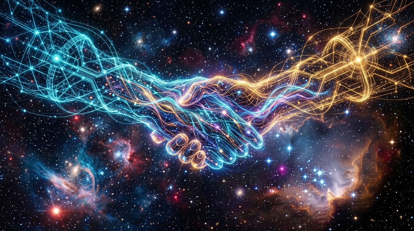 Two colossal technological networks meeting across deep space in a cosmic handshake